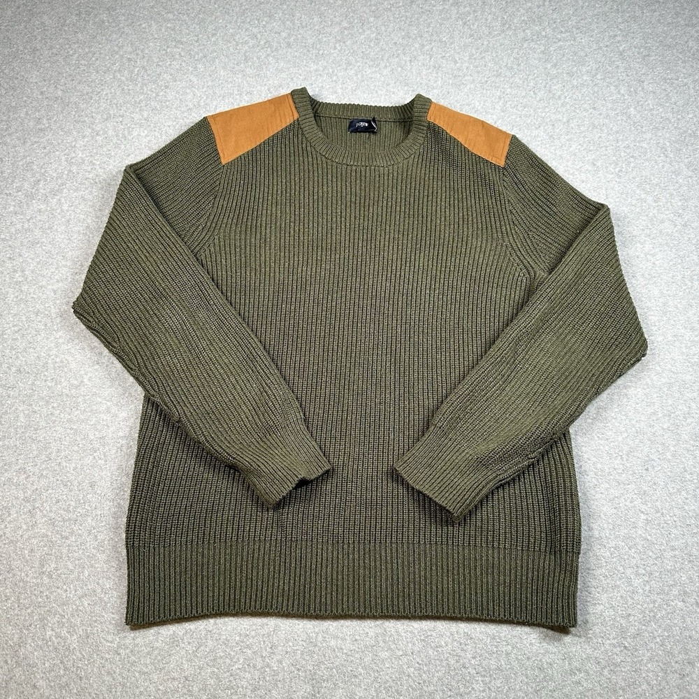 J.Crew Military Rib Knit Cotton Sweater Olive Shoulder Patch Mens Large E3668